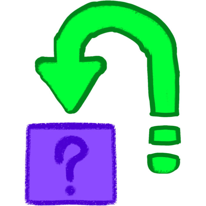 a large green arrow curving downwards toward a purple square containing a question mark. The arrow has a split end.